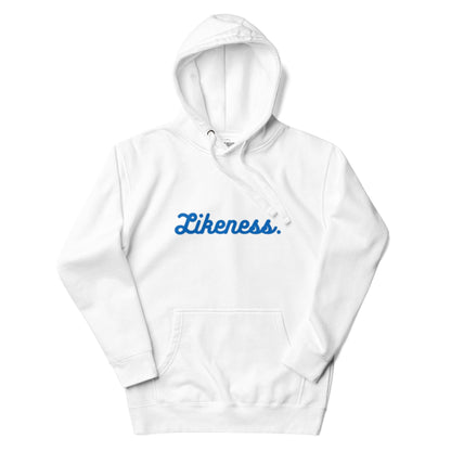 LIKENE$$ White Hoodie w/ Royal Blue cursive - LIKENE$$ Brand